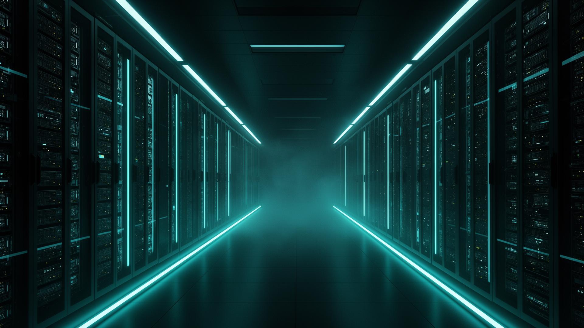 Illuminated enterprise data center corridor with cyan lighting